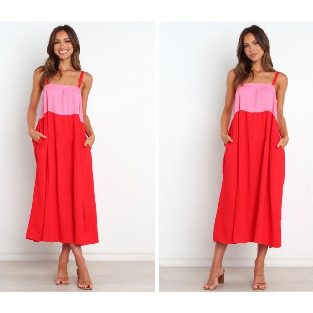 Petal & Pup Pink and Red Colorblock Midi Dress